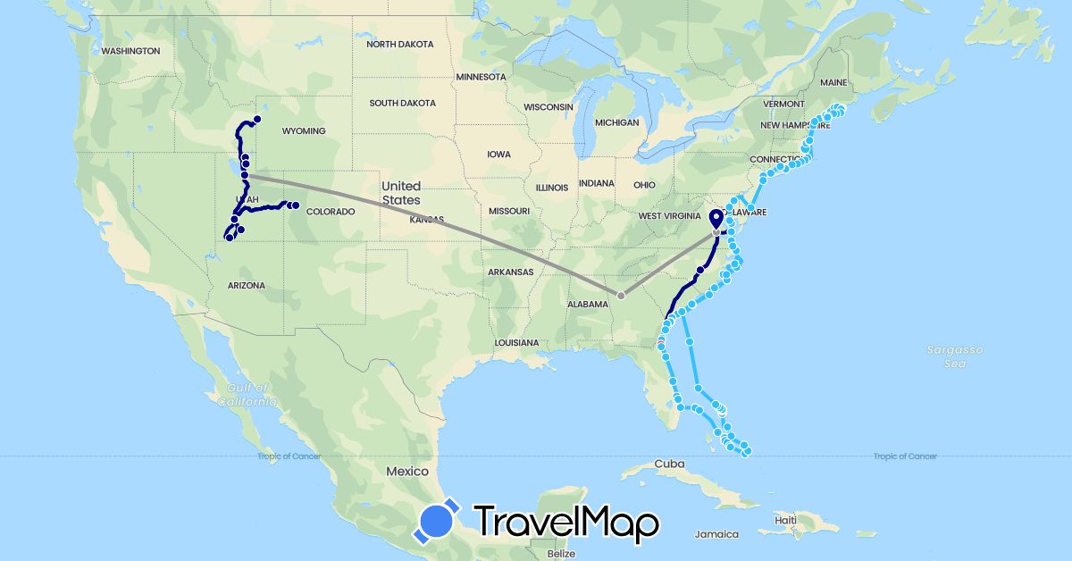 TravelMap itinerary: driving, plane, hiking, boat in Bahamas, United States (North America)
